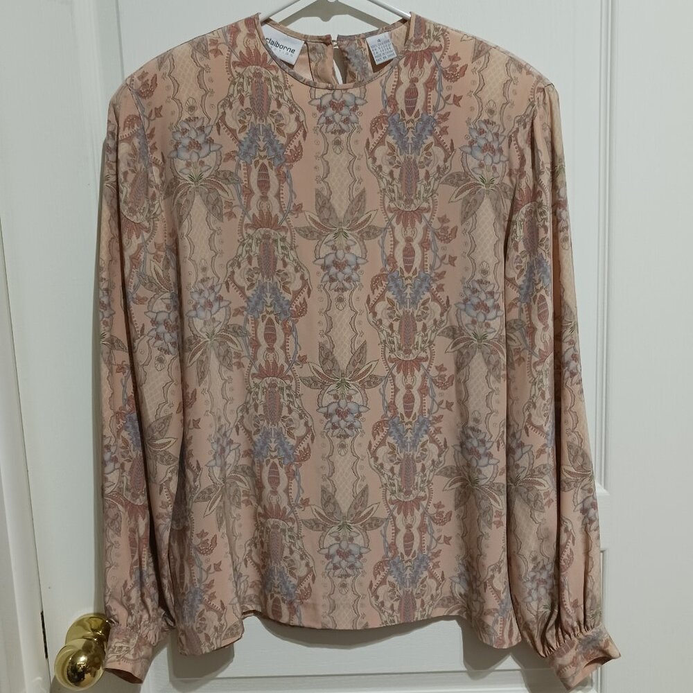 Liz Claiborne Collection Dusty Peach Silk Print Blouse, Women's Size 4